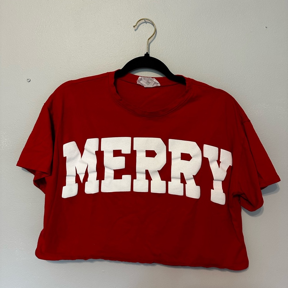 Red 'MERRY' Cropped T-Shirt